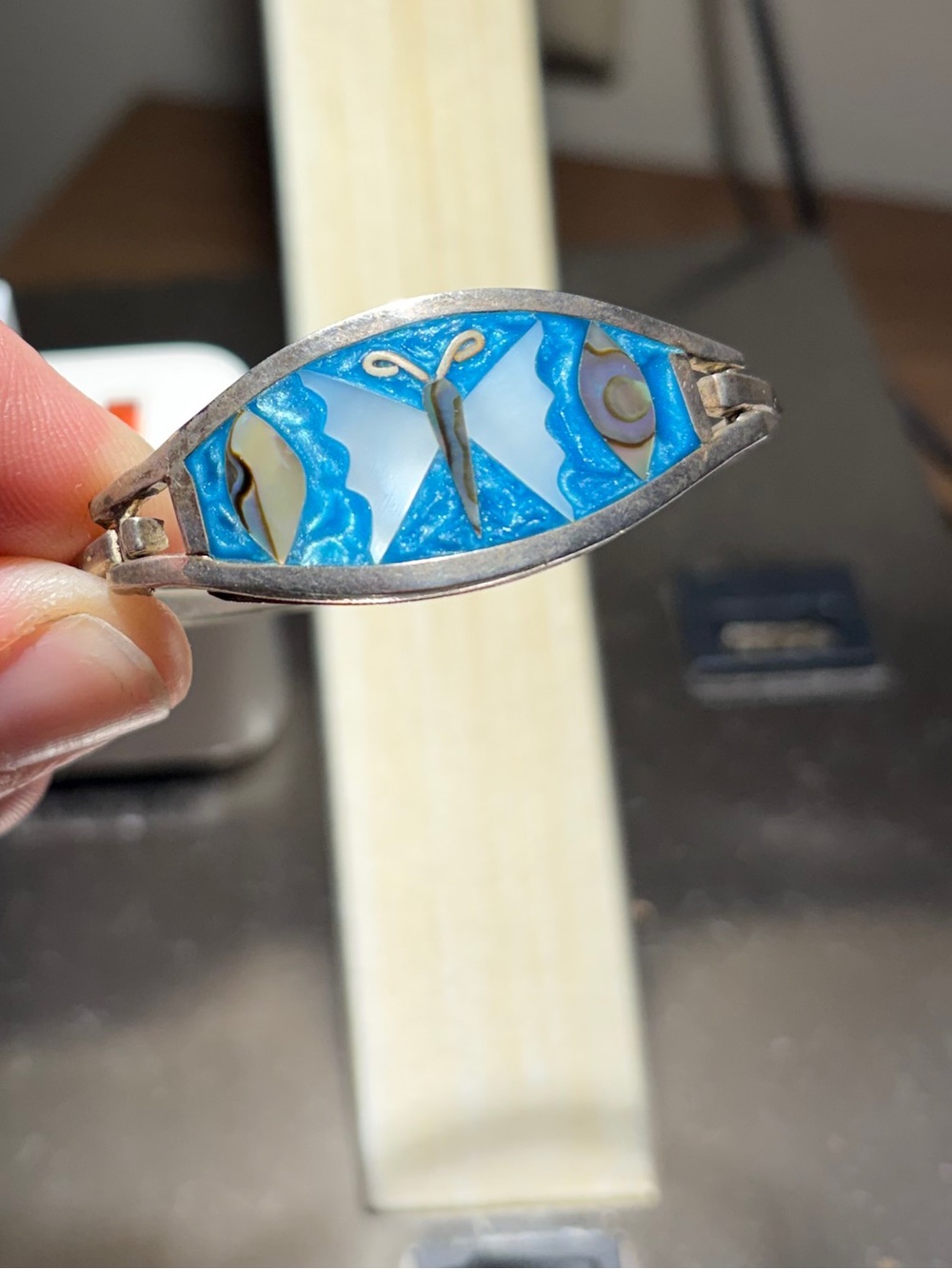 Mexican Vintage Alpaca Silver-Tone Abalone Butterfly Inlay Hinged Bracelet baby